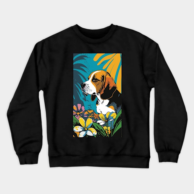 Beagle Dog Vibrant Tropical Flower Tall Retro Vintage Digital Pop Art Portrait 3 Crewneck Sweatshirt by ArtHouseFlunky